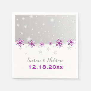 Purple, silver grey snowflake modern wedding napkin