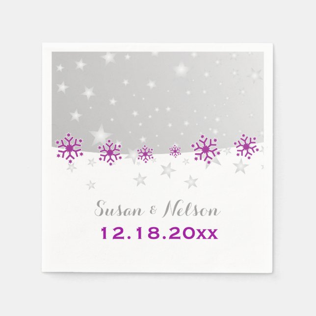 Purple, silver grey snowflake modern wedding napkin (Front)