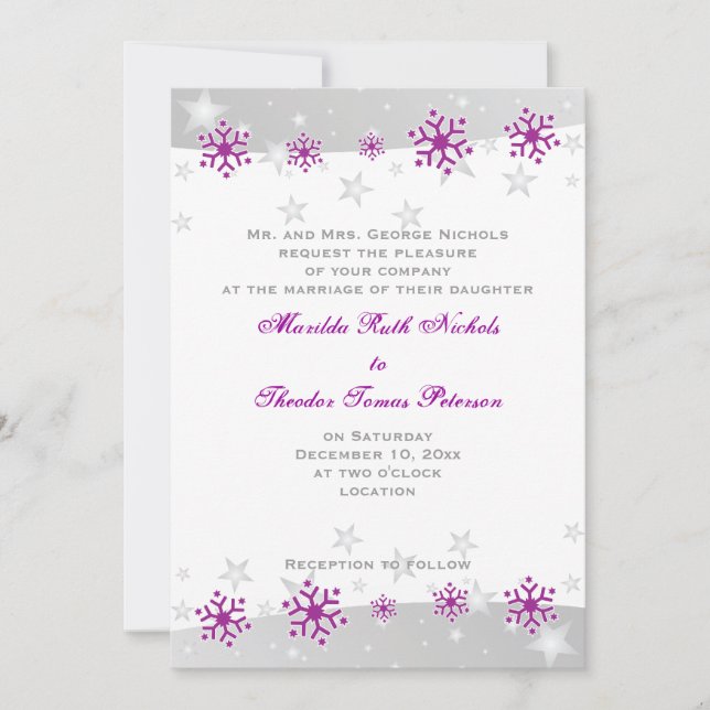 Purple silver grey snowflake wedding invitation (Front)