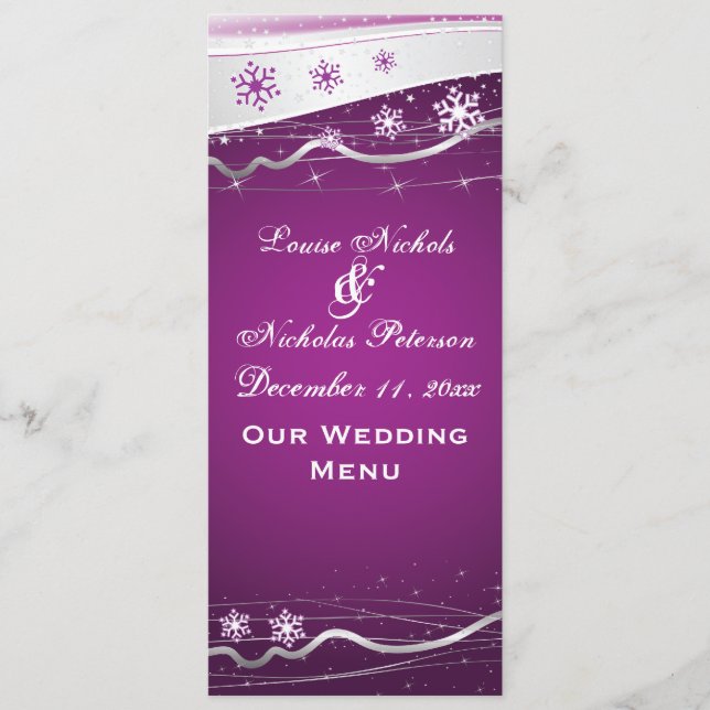 Purple silver grey snowflake wedding menu card (Front)