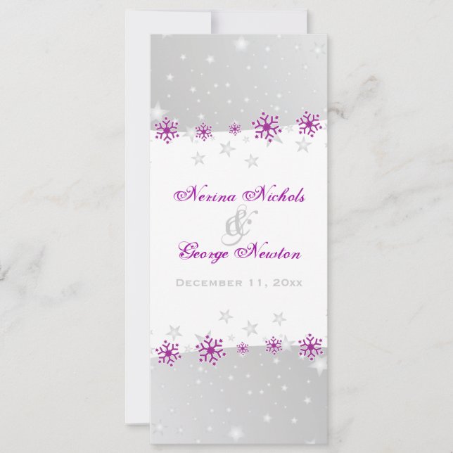 Purple silver grey snowflake wedding program card (Front)