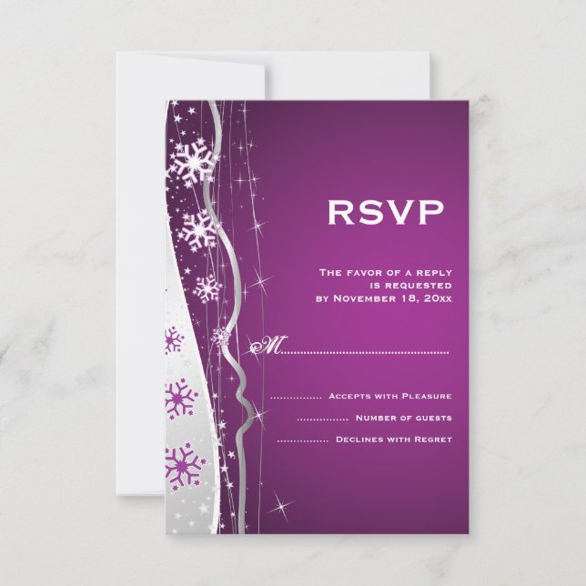 Purple, silver grey snowflake winter wedding RSVP (Front)