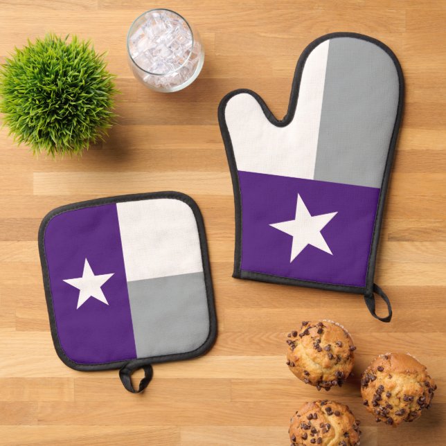 Purple & Silver Grey Texas State Flag Oven Mitt & Pot Holder Set (Top Down)