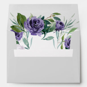 Purple Silver Grey Watercolor Floral Wedding Envelope