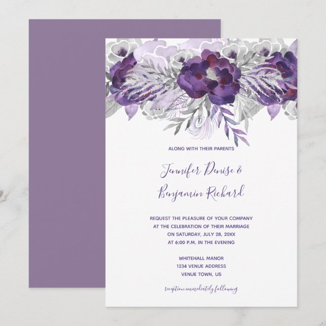 Purple Silver Grey Watercolor Floral Wedding Invitation (Front/Back)