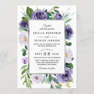 Purple Silver Grey Watercolor Floral Wedding Invitation