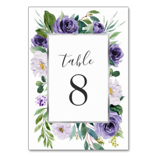 Purple Silver Grey Watercolor Floral Wedding Table Number