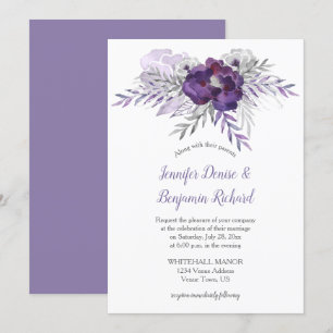 Purple Silver Grey Watercolor Flowers Wedding Invitation