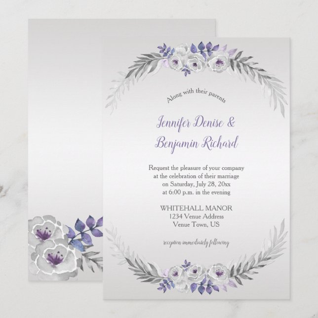 Purple Silver Grey Watercolor Flowers Wedding | Invitation (Front/Back)