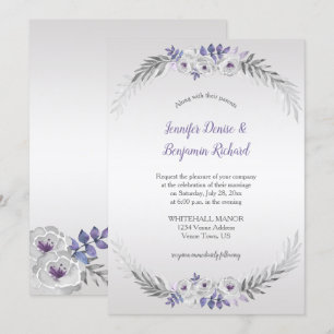 Purple Silver Grey Watercolor Flowers Wedding   Invitation