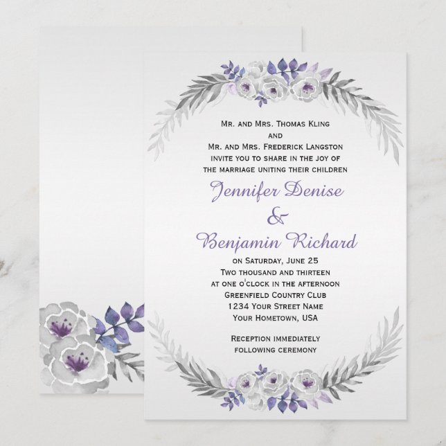 Purple Silver Grey Watercolor Roses Weddings Invitation (Front/Back)