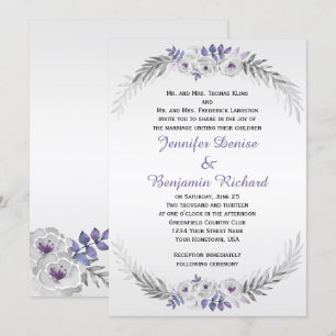 Purple Silver Grey Watercolor Roses Weddings Invitation