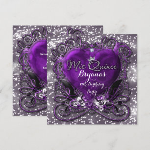 Purple & Silver Heart Mis Quince 15th Invitation