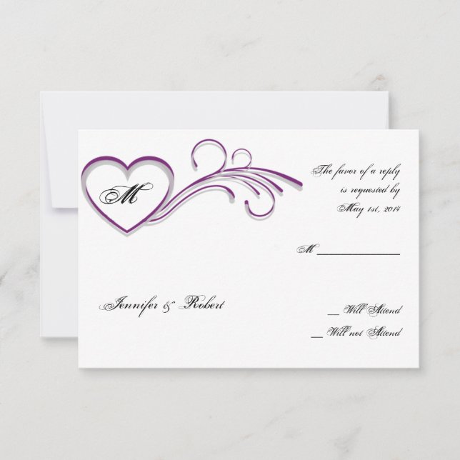Purple Silver Heart Scroll Monogram Response Card (Front)