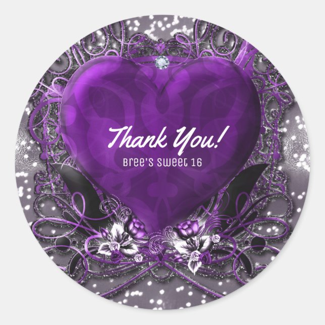 Purple & Silver Heart Sparkle Glamour Party Favour Classic Round Sticker (Front)