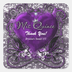 Purple & Silver Heart Sparkle Mis Quince 15 Party Square Sticker