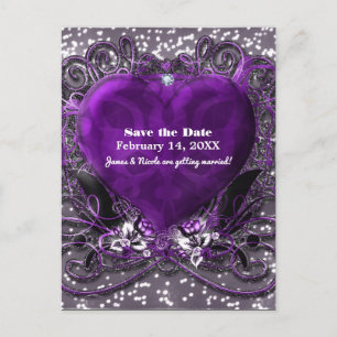 Purple & Silver Heart Sparkle Save The Date Party Announcement Postcard