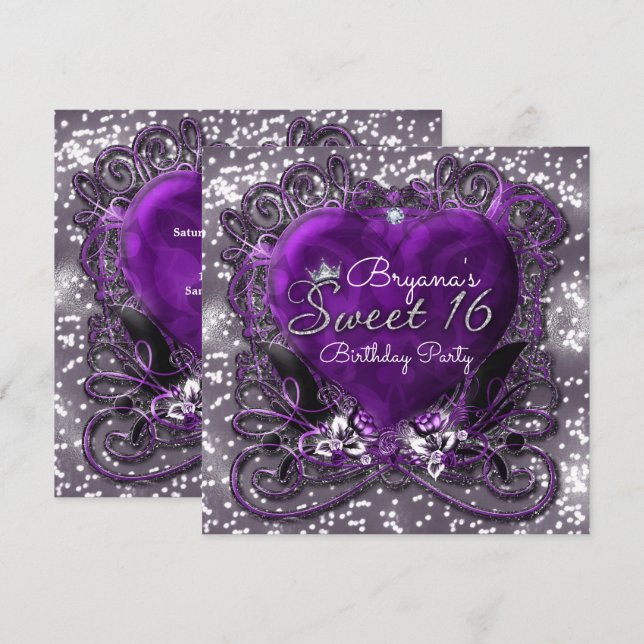 Purple & Silver Heart Sparkle Sweet 16 Invitations (Front/Back)