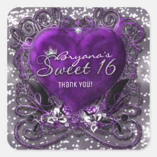 Purple & Silver Heart Sparkle Sweet 16 Party Favou Square Sticker