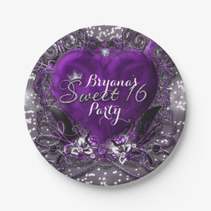 Purple & Silver Heart Sparkle Sweet 16 Party Paper Plate