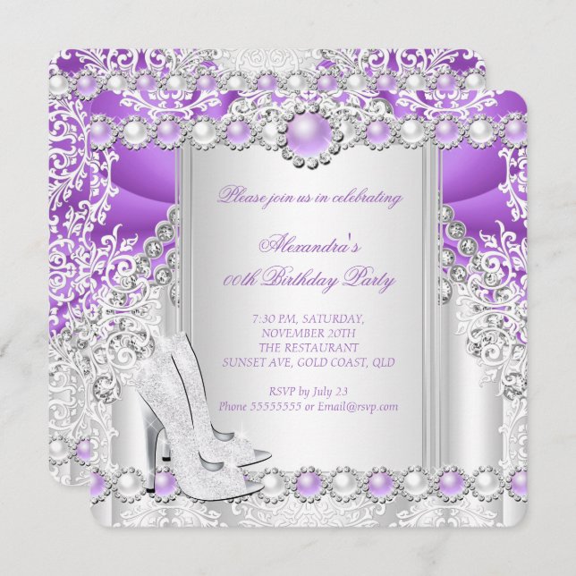 Purple Silver High Heels Pearl Birthday Party 2 Invitation (Front/Back)