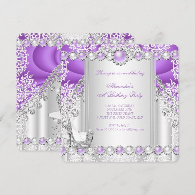 Purple Silver High Heels Pearl Birthday Party 3 Invitation (Front/Back)