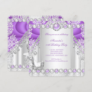 Purple Silver High Heels Pearl Birthday Party 3 Invitation