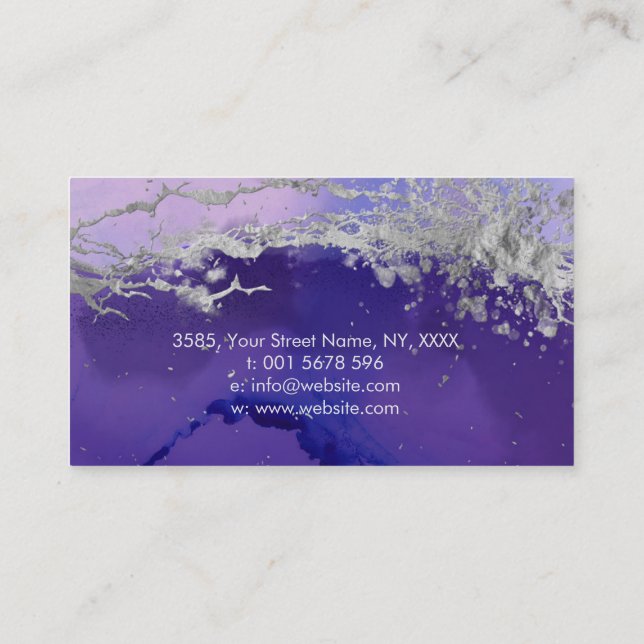 Purple Silver ink and Marble Abstract Business Car Card (Back)