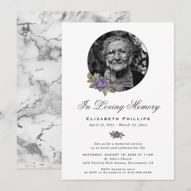 Purple Silver Marble Floral Photo Memorial Service Invitation (Front/Back)