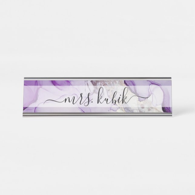 Purple & Silver Marble Personalise Desk Name Plate (Front)