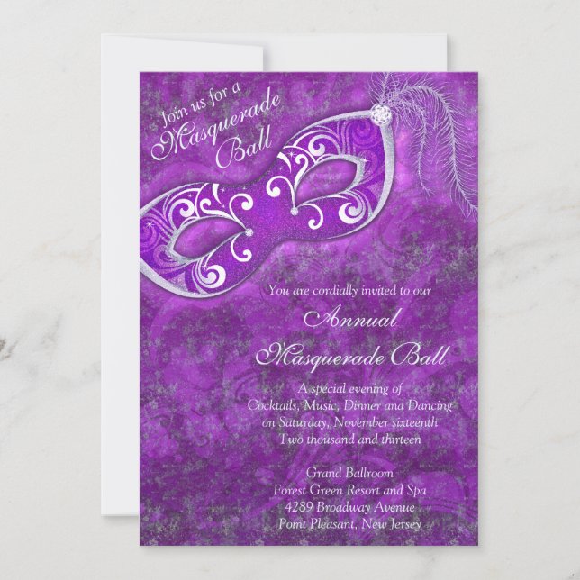 Purple Silver Mardi Gras Masquerade Ball Party Invitation (Front)