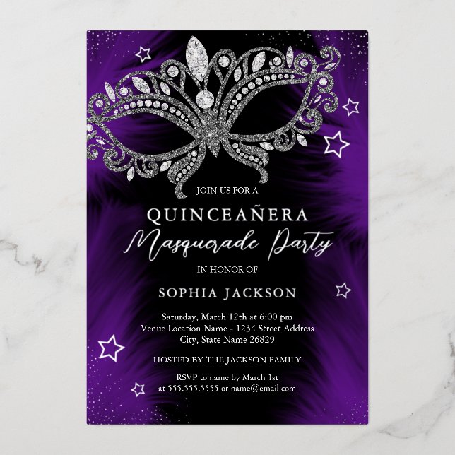 Purple Silver Masquerade Mask Star Quinceanera (Front)