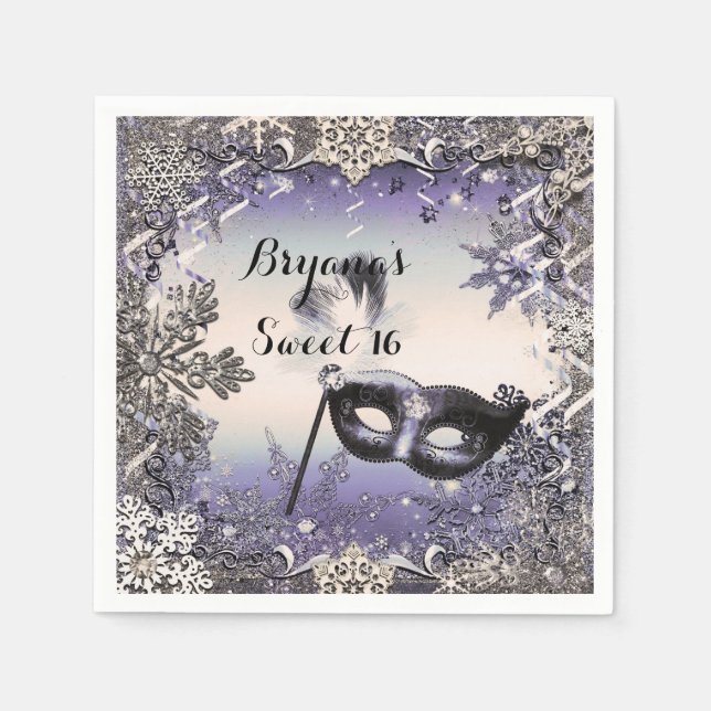 Purple & Silver Masquerade & Winter Snowflakes Napkin (Front)