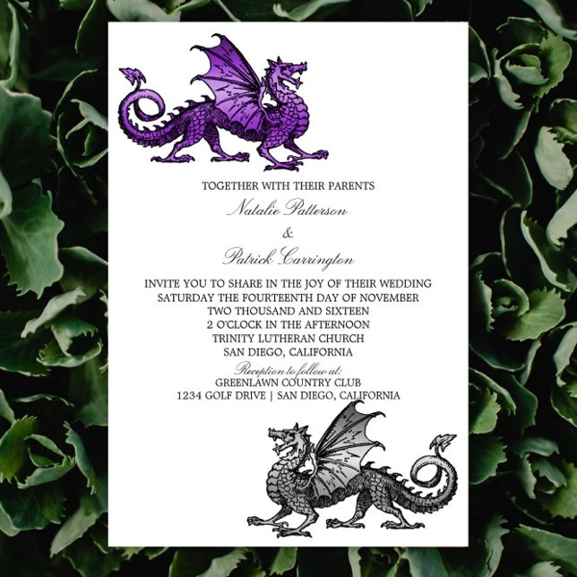 Purple Silver Mediaeval Dragon Wedding Invite (Purple Silver Dragon Wedding Invite)