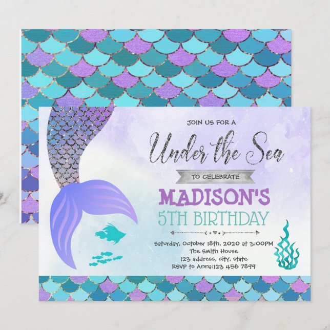 Purple silver mermaid birthday invitation (Front/Back)