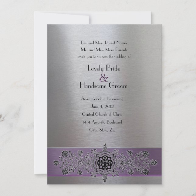 Purple Silver Metallic Eiffel Tower Wedding Invite (Front)