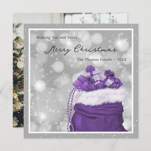 Purple Silver Modern Photo Merry Christmas Card (Front/Back)