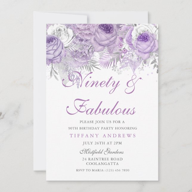 Purple Silver Ninety & Fabulous 90th Birthday Invitation (Front)