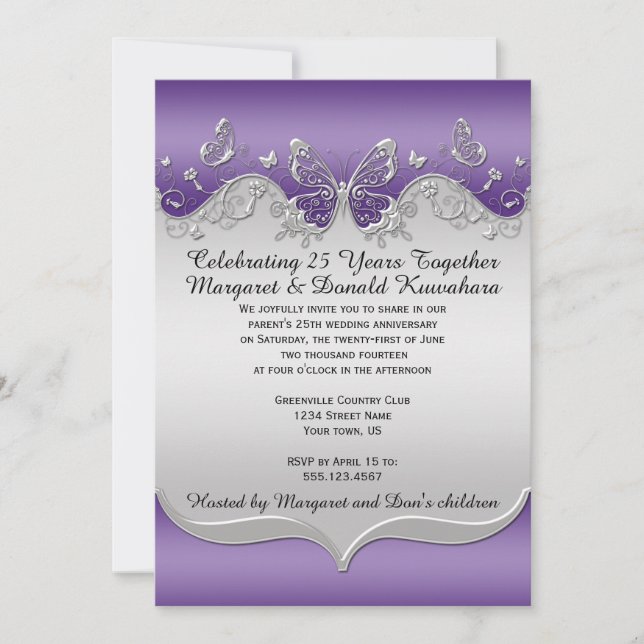 Purple Silver Ornate Butterflies 25th Anniversary Invitation (Front)