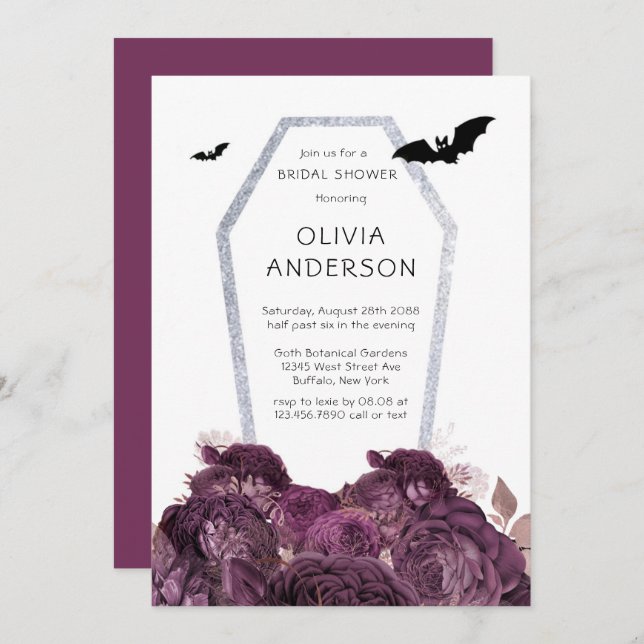  Purple Silver Peony Coffin Bats Bridal Shower Invitation (Front/Back)