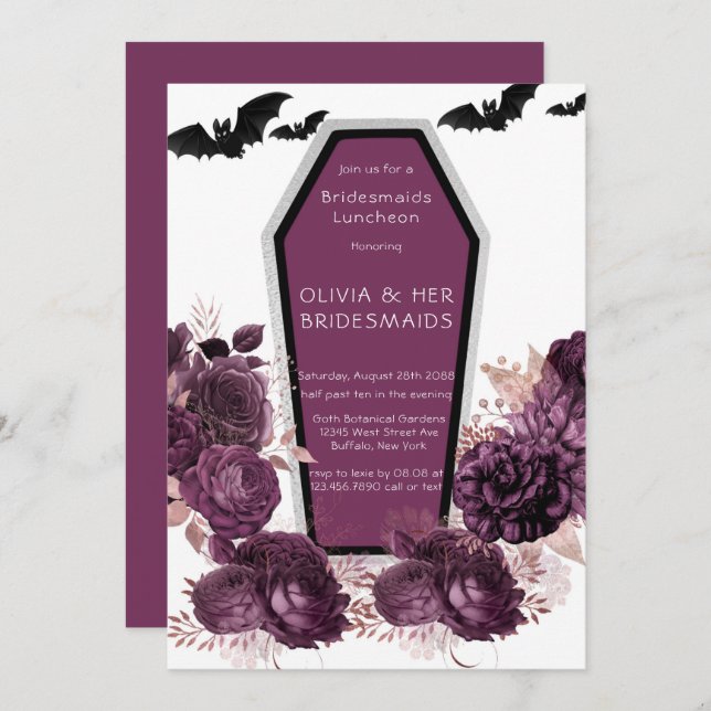  Purple Silver Peony Coffin Bridesmaids Luncheon  Invitation (Front/Back)