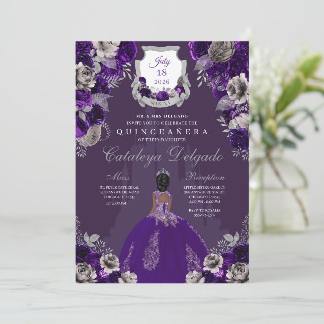 Purple & Silver Princess Castle Quinceañera Invitation (Standing Front)