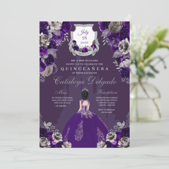Purple & Silver Princess Castle Quinceañera Invitation (Standing Front)