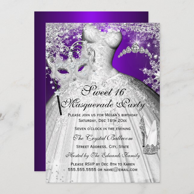 Purple Silver Princess Masquerade Sweet 16 Invitation (Front/Back)
