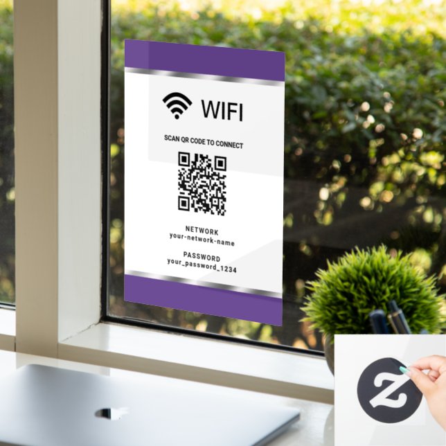 Purple Silver QR Code Wifi Network and Password Window Cling (Office)