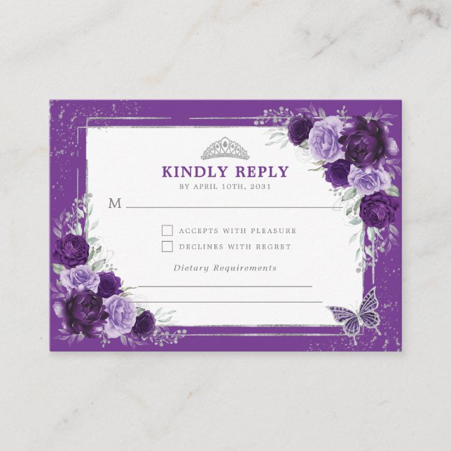 Purple Silver Quinceanera Mis Quince 15 Anos RSVP Enclosure Card (Front)