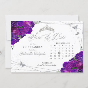 Purple & Silver Quinceañera Save The Date Invitation