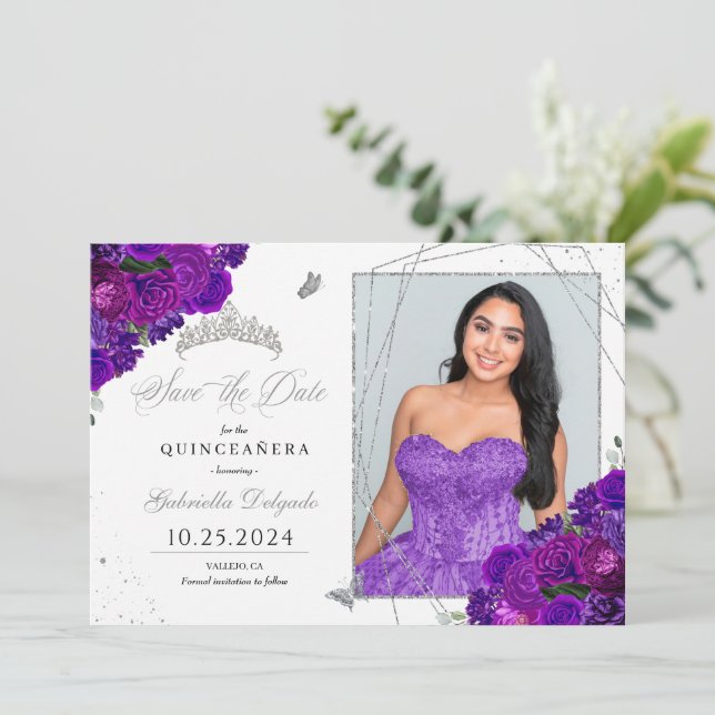 Purple & Silver Quinceañera Save The Date Photo Invitation (Standing Front)