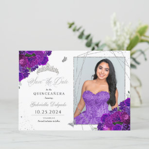 Purple & Silver Quinceañera Save The Date Photo Invitation