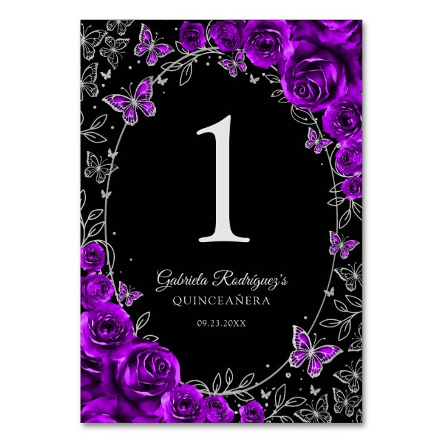 Purple Silver Quinceanera Table Number (Front)